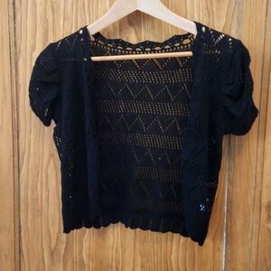 Black Cropped Crochet Open-Front Cardigan